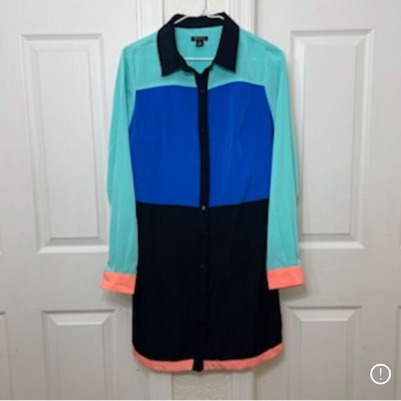 I Heart Ronson Bright Color Blocked Long Sleeve Button Up Shirt Dress Size Small - Picture 2 of 11